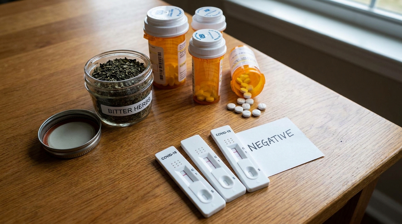 Bitter herbs, pills, and negative pregnancy tests scattered on a table