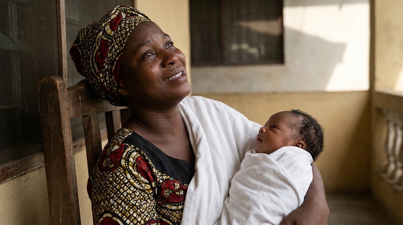 Relieved Nigerian woman holding her baby