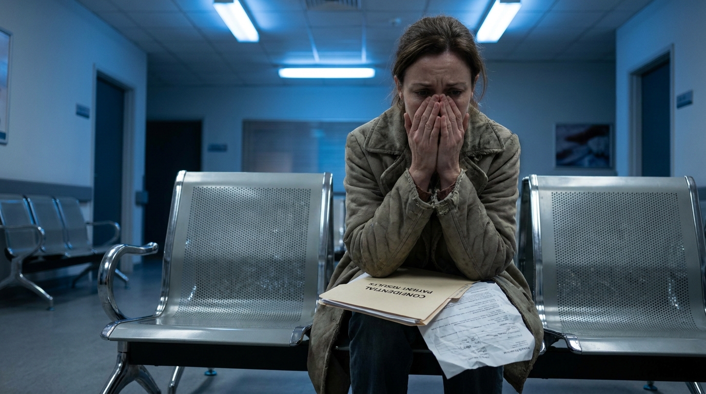 Woman looking stressed holding medical results